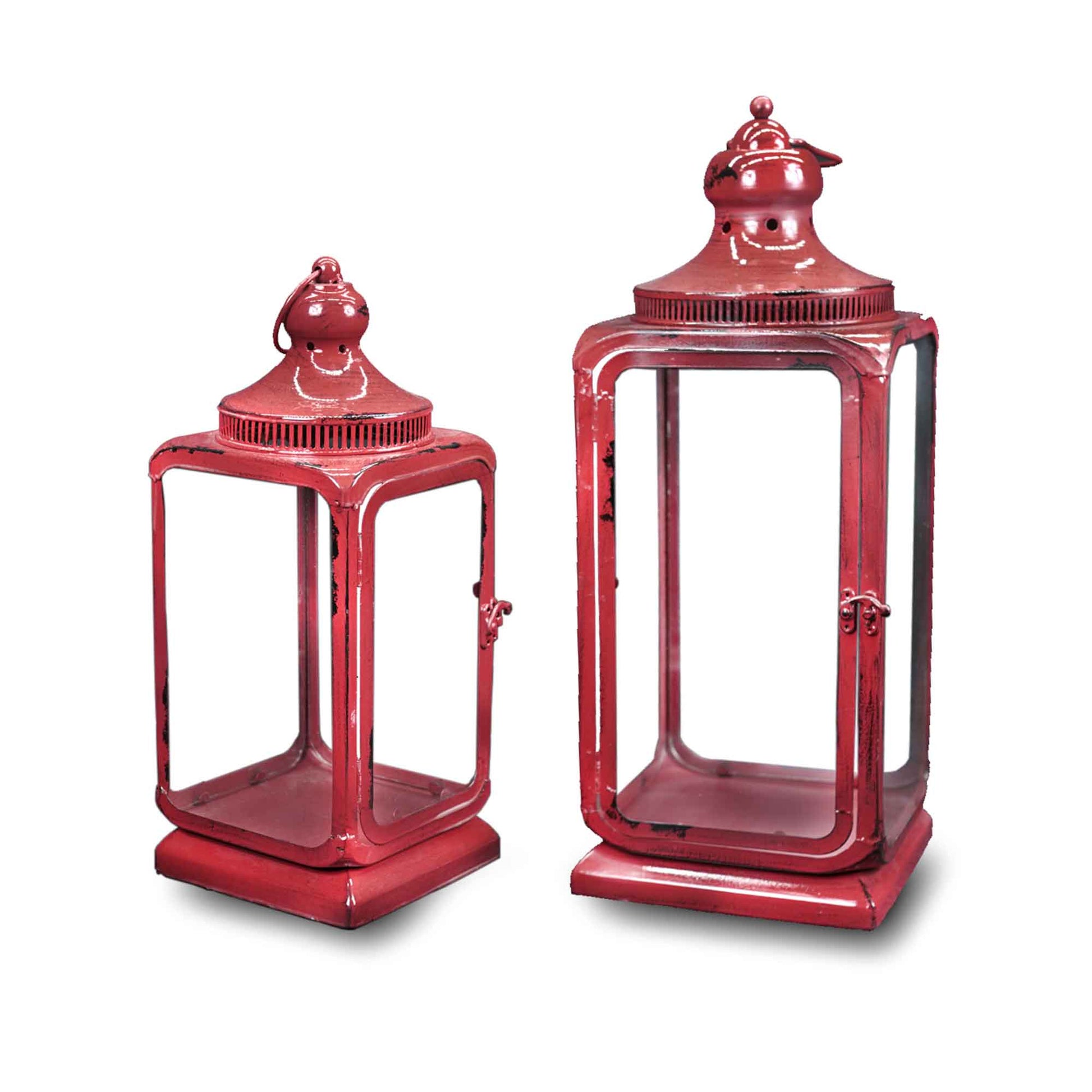 Set Of 2 Rustic Red With Handles Lanterns