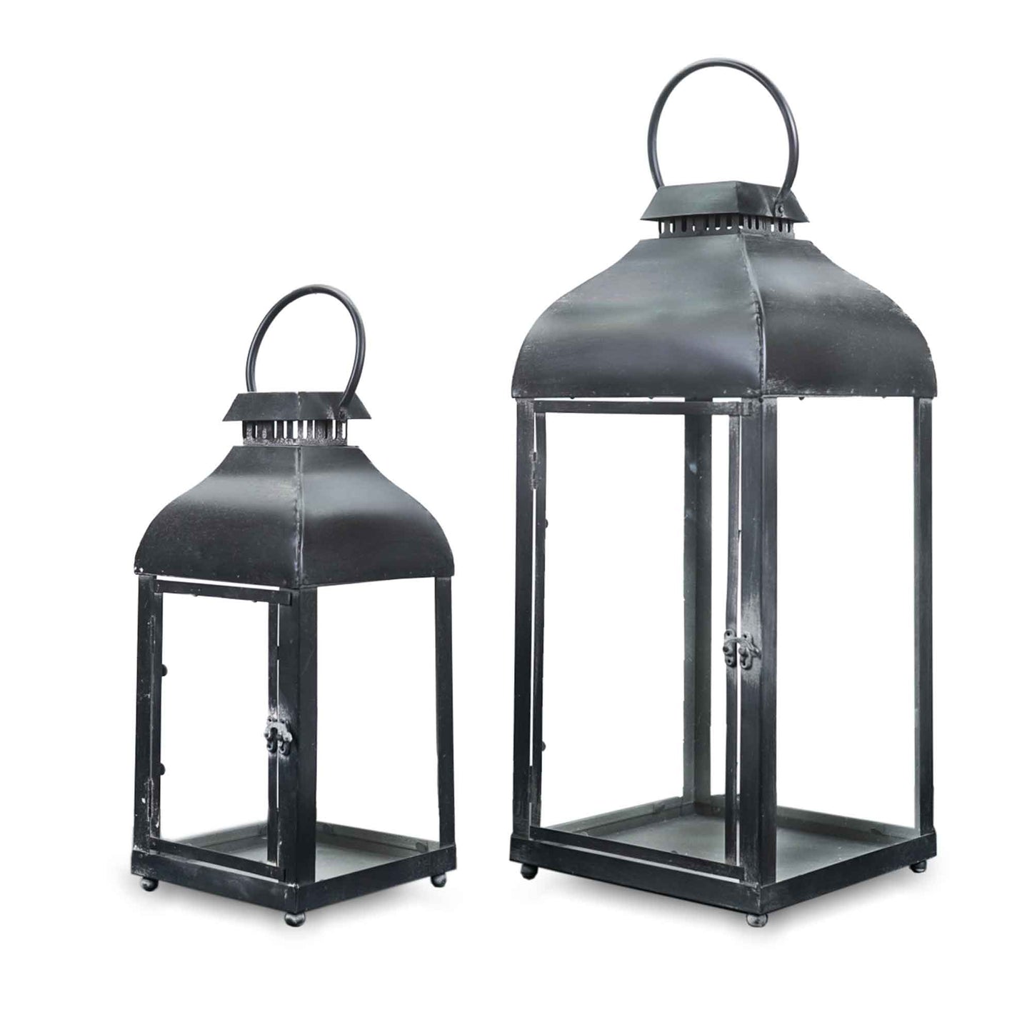 Set Of 2 Matte Black With Round Handles Lanterns