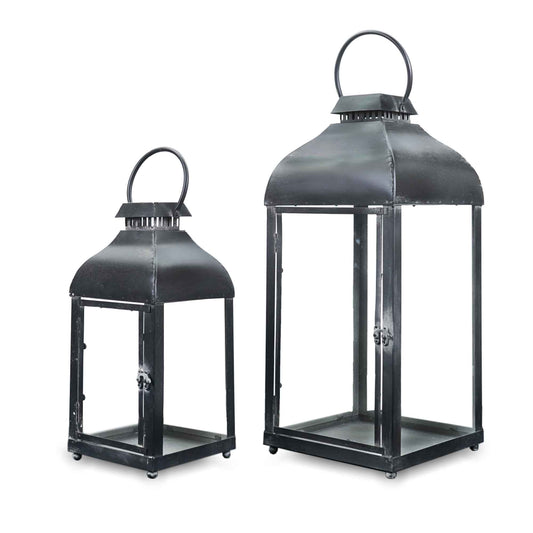 Set Of 2 Matte Black With Round Handles Lanterns