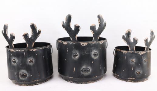 Set Of 3 Black Reindeer Head Metal Planters