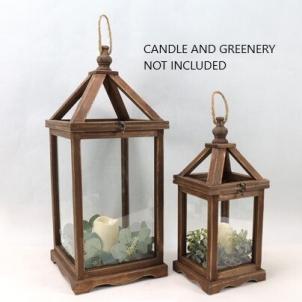 Set Of 2 Brown Wooden & Metal Candle Lanterns