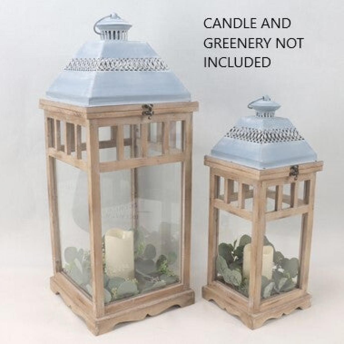 Set Of 2 Beige Wood With Metal Lid Candle Lanterns