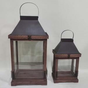 Set Of 2 Brown With Black Metal Lids Candle Lanterns