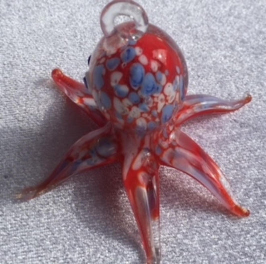 Hanging Red And Blue Glass Octopus Ornament