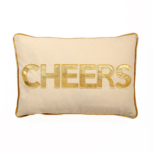 Gold With Cheers Text Applique And Feather Down Insert Pillow