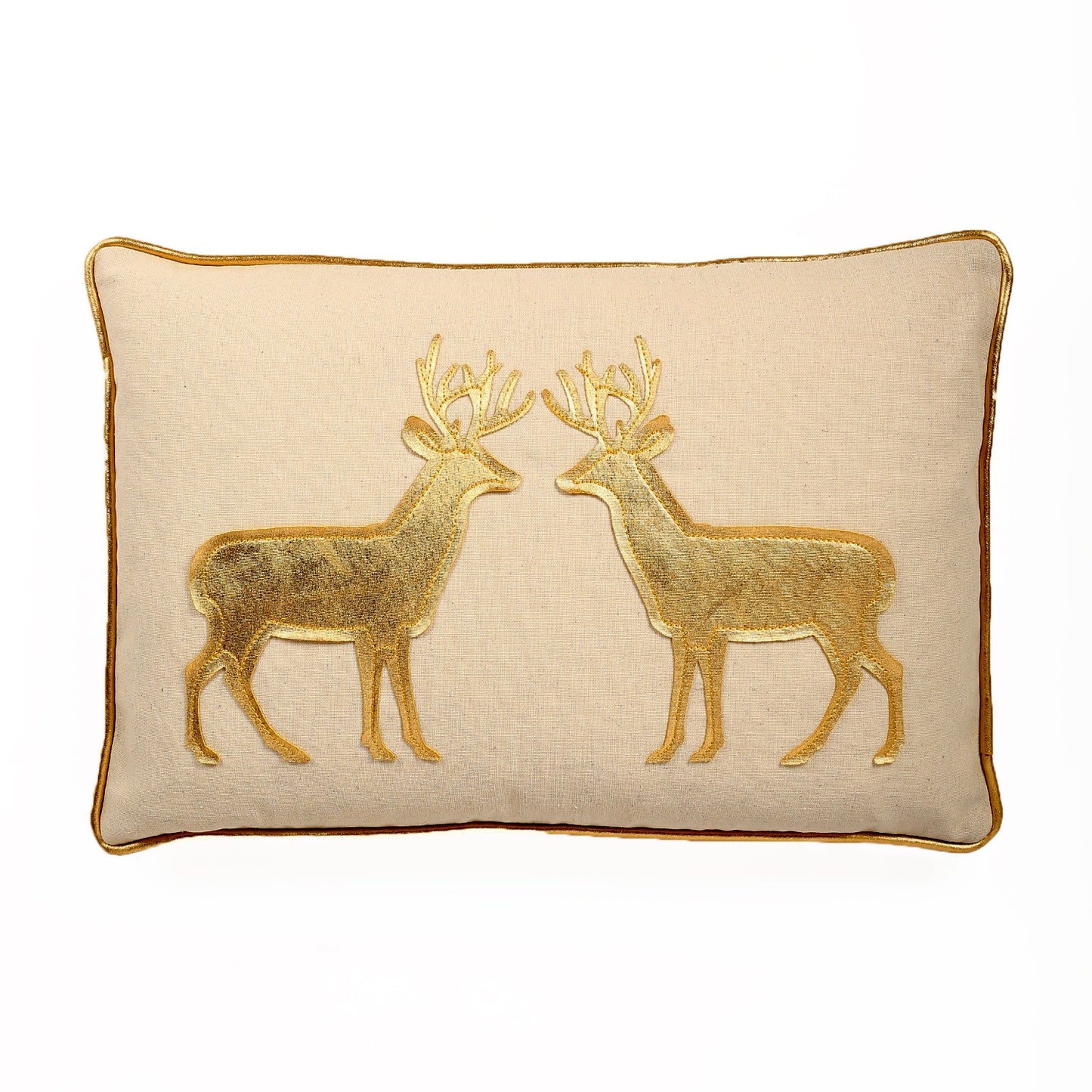 Gold With Two Reindeers Applique And Feather Down Insert Pillow