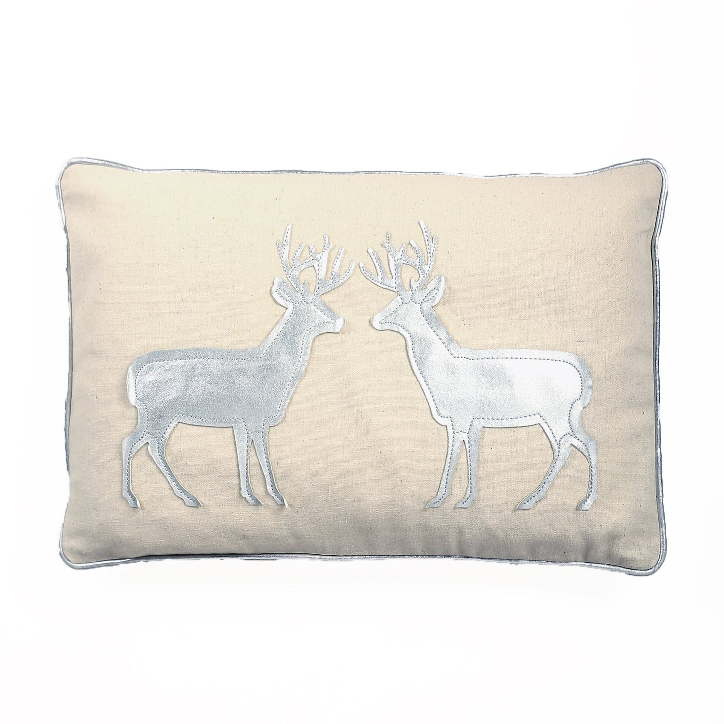 Silver With Two Reindeers Applique And Feather Down Insert Pillow