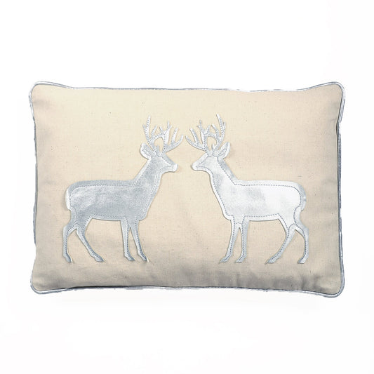 Silver With Two Reindeers Applique And Feather Down Insert Pillow