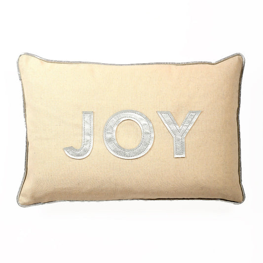 Silver With Joy Text Applique And Feather Down Insert Pillow