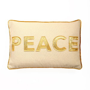 Gold With Peace Text Applique And Feather Down Insert Pillow