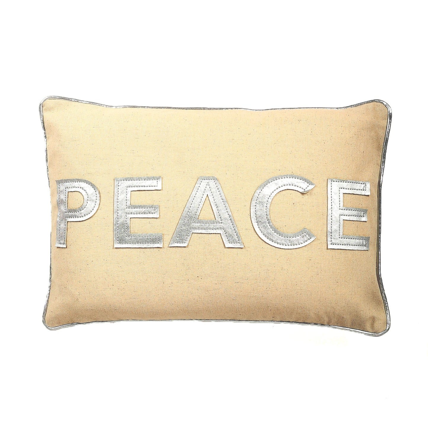 Silver With Peace Text Applique And Feather Down Insert Pillow