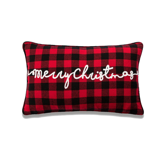 Merry Christmas On Red And Black Buffalo Check With Feather Down Insert Pillow