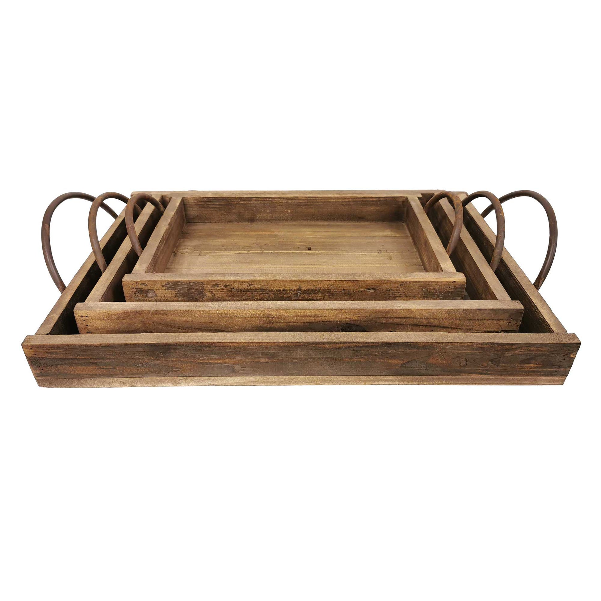 Set Of 3 Reclaimed Wood With Side Handles Trays