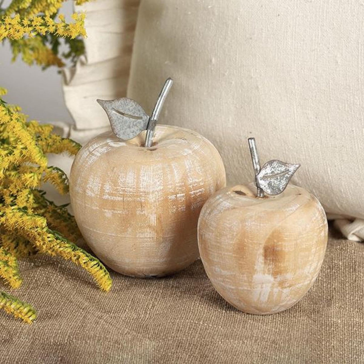 Set Of 2 Wooden White Washed Apples With Metal Stems Figurine