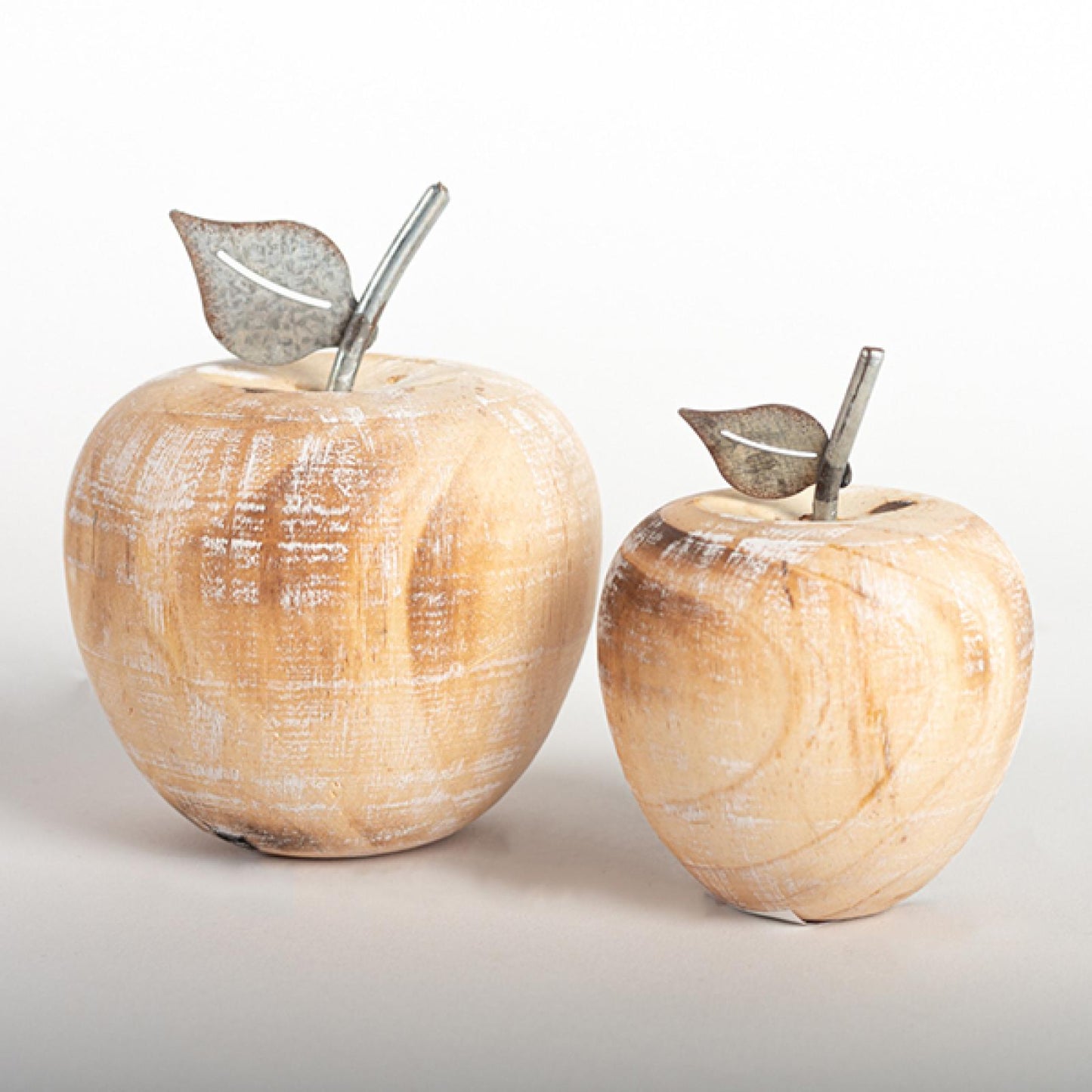 Set Of 2 Wooden White Washed Apples With Metal Stems Figurine