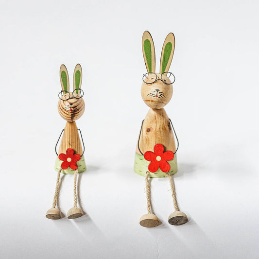 Set Of 2 Wooden Sitting Rabbits Holding Flowers Figurine