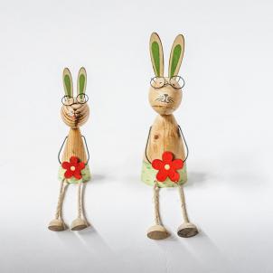 Set Of 2 Wooden Sitting Rabbits Holding Flowers Figurine