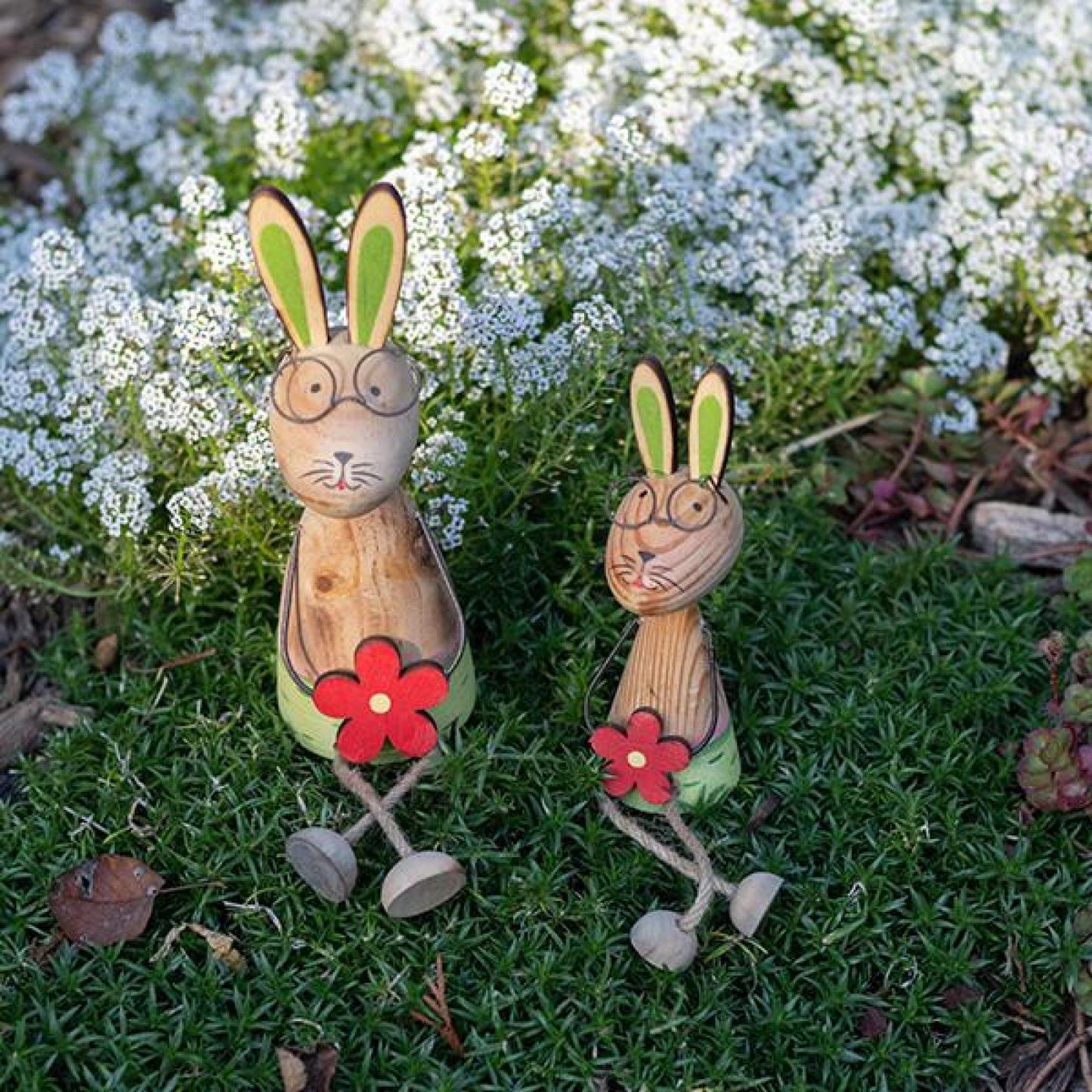 Set Of 2 Wooden Sitting Rabbits Holding Flowers Figurine