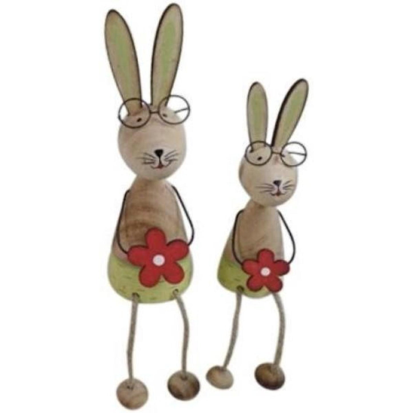 Set Of 2 Wooden Sitting Rabbits Holding Flowers Figurine