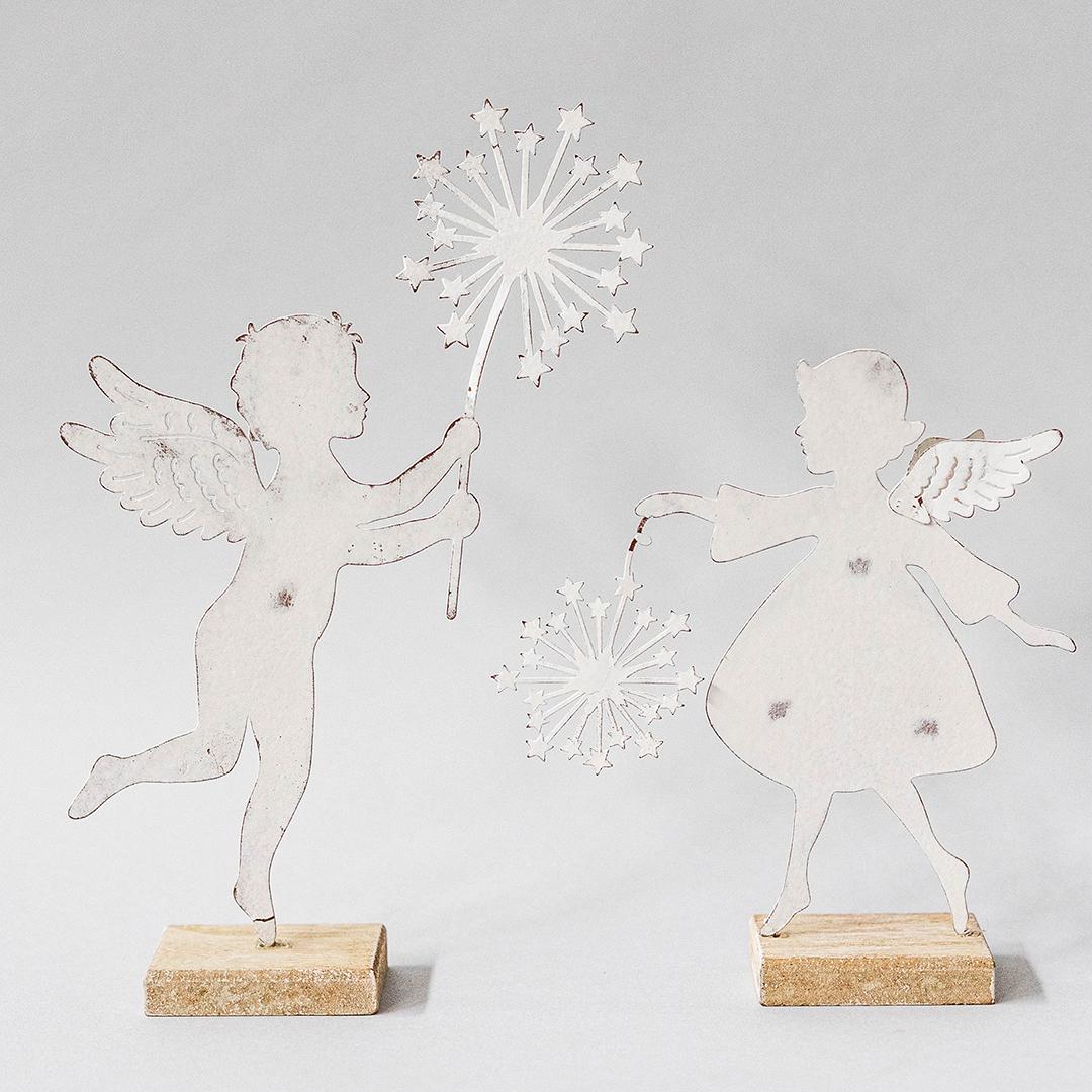 Set Of 2 Metal Angels Holding Starburst Wands On Wood Base Figurine