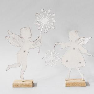 Set Of 2 Metal Angels Holding Starburst Wands On Wood Base Figurine