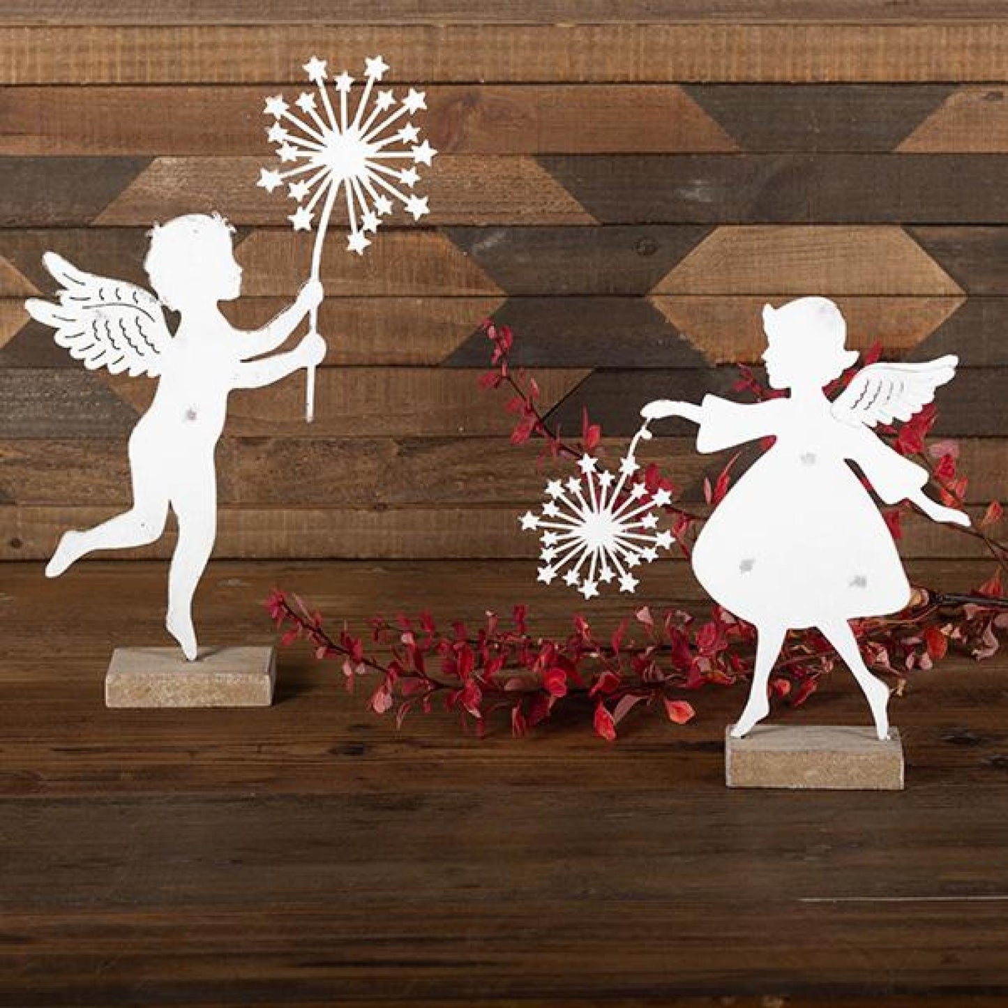 Set Of 2 Metal Angels Holding Starburst Wands On Wood Base Figurine