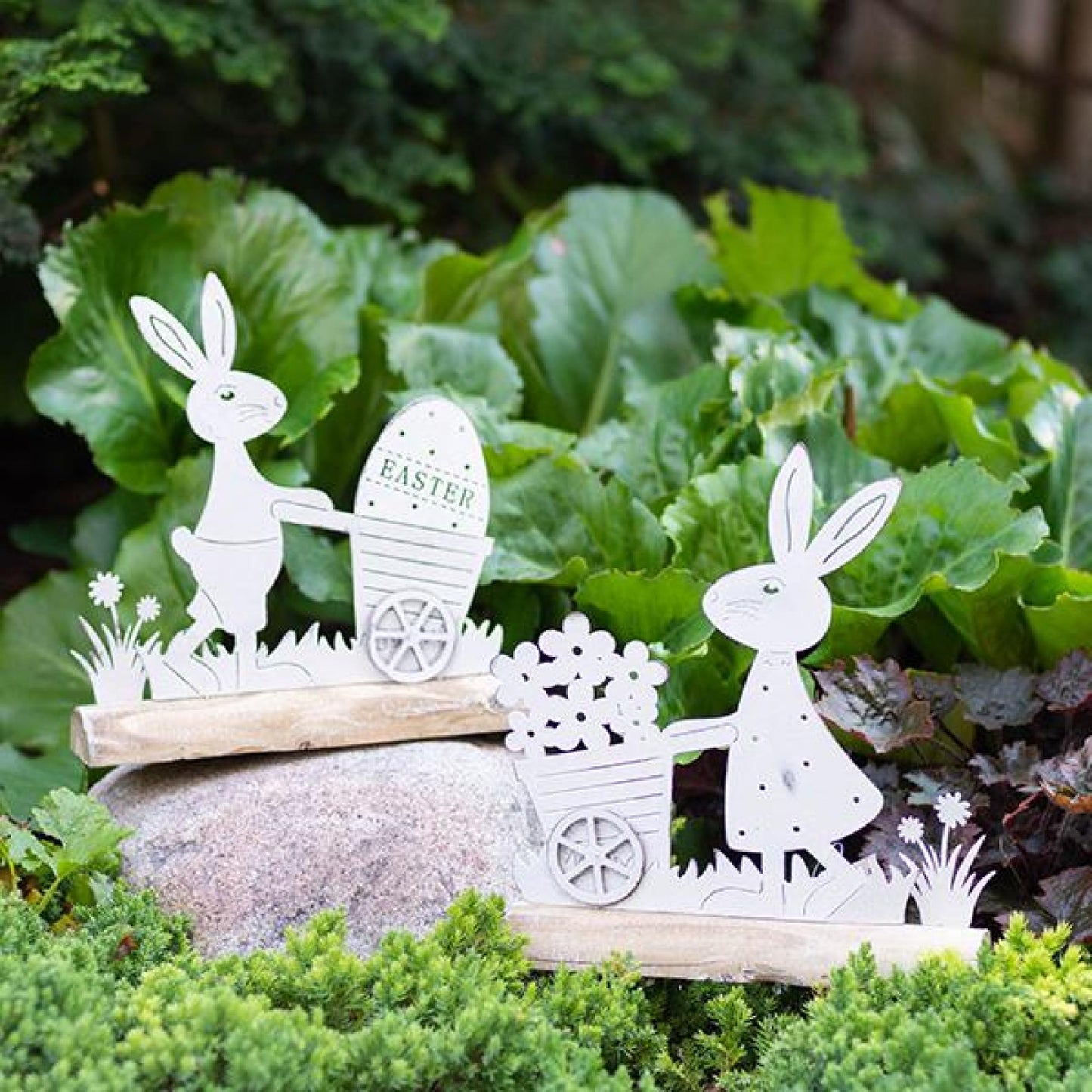 Set Of 2 Metal Easter Bunnies With Wheelbarrows Figurine