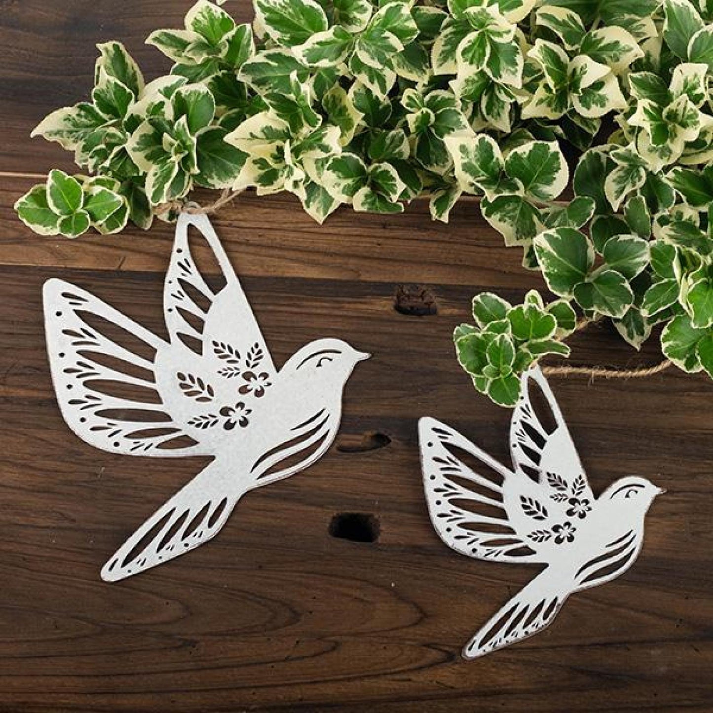 Set Of 2 Washed White Bird Ornaments