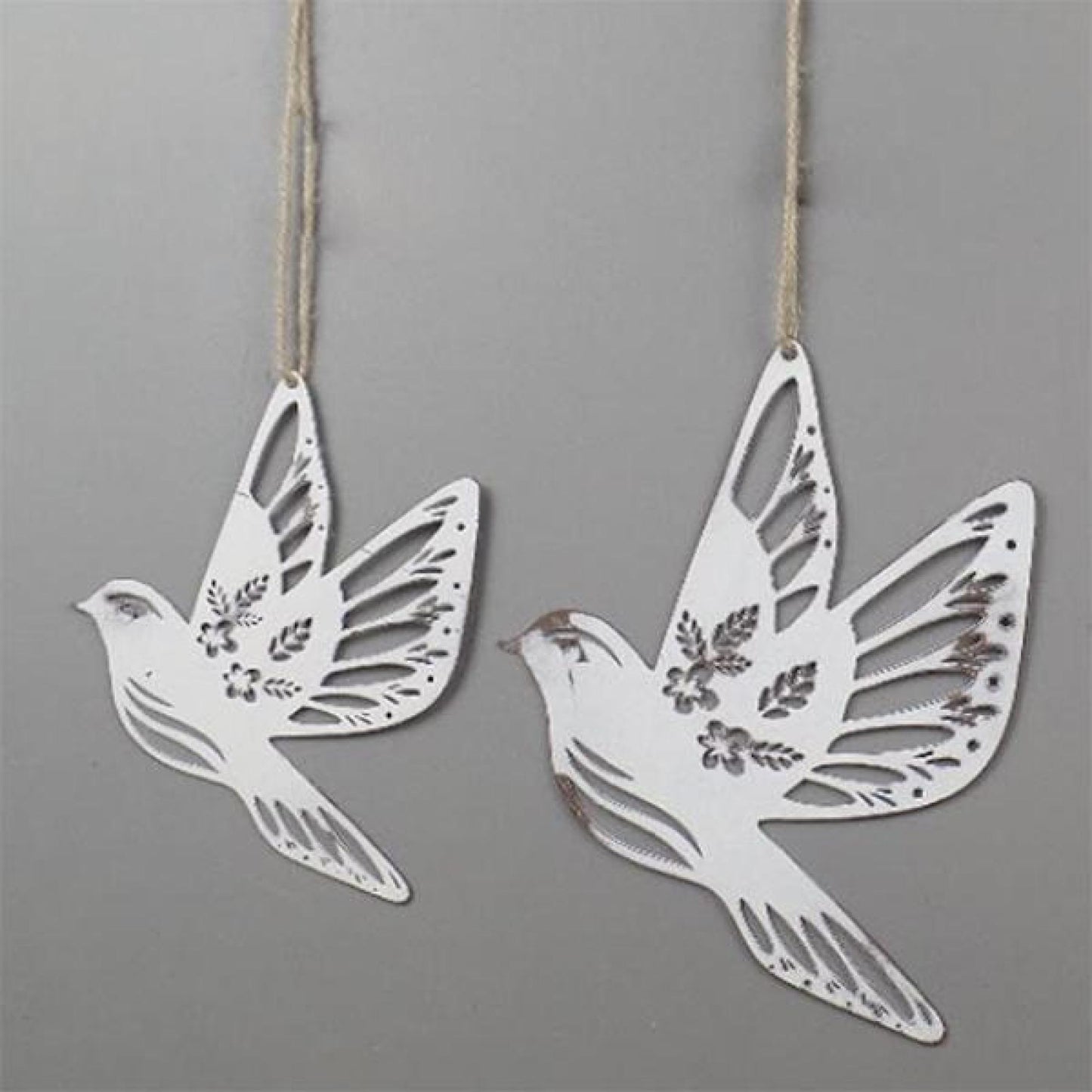 Set Of 2 Washed White Bird Ornaments