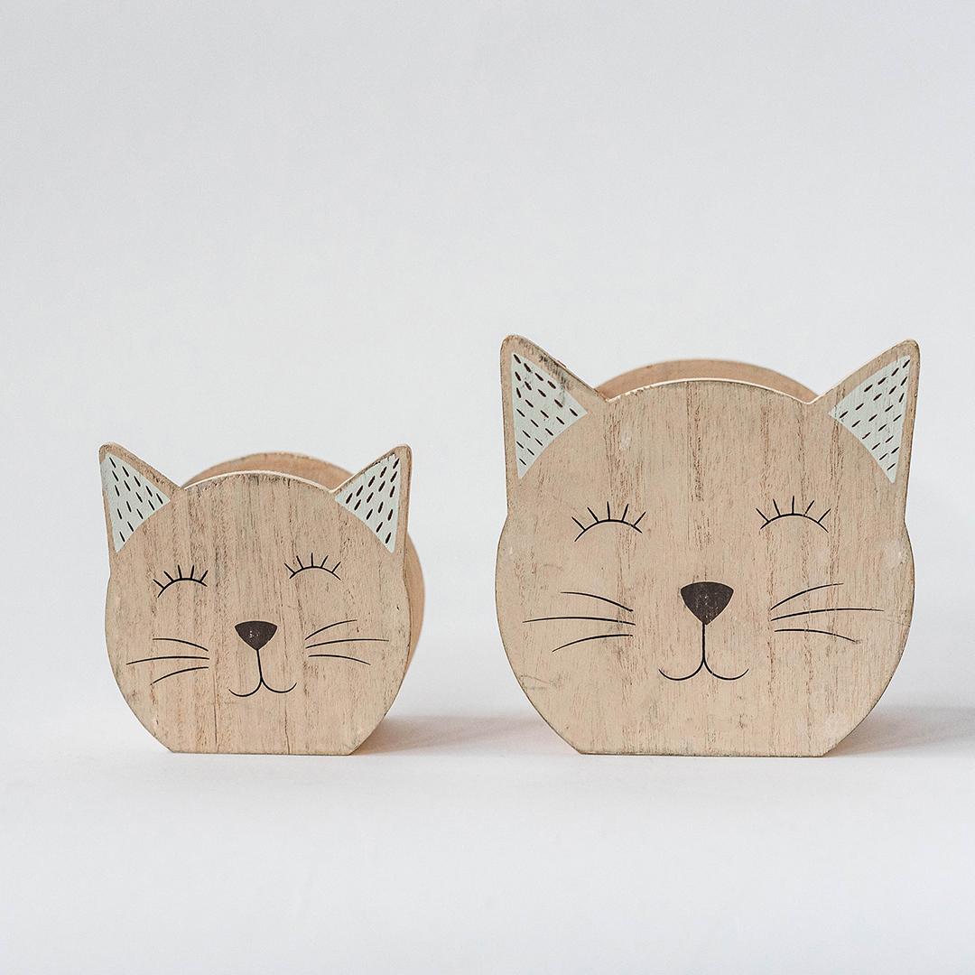 Set Of 2 Washed Light Pink And Black Wooden Cat Boxes