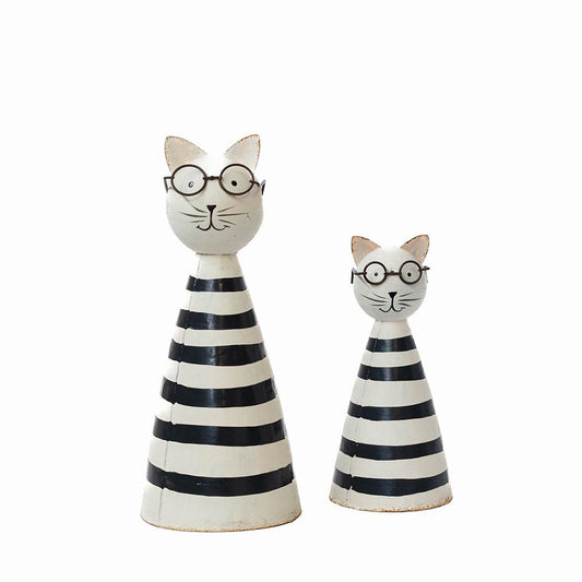 Set Of 2 Metal Striped Cone Shaped Cats Wearing Glasses Figurine