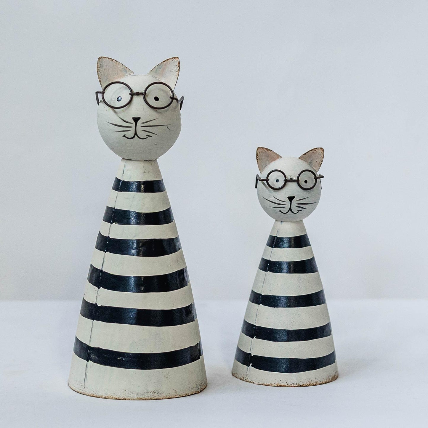 Set Of 2 Metal Striped Cone Shaped Cats Wearing Glasses Figurine