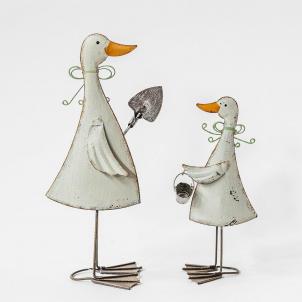 Set Of 2 Assorted Metal Ducks One Carrying A Bucket, The Other A Spade Figurine