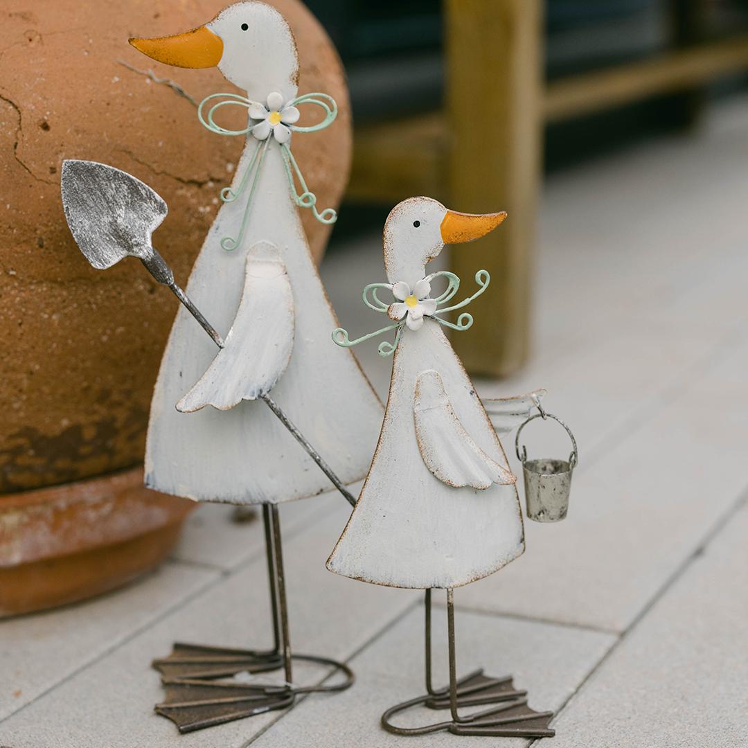 Set Of 2 Assorted Metal Ducks One Carrying A Bucket, The Other A Spade Figurine