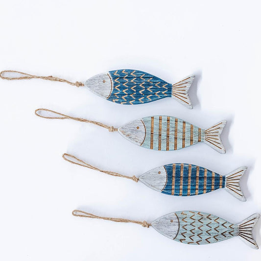 Set Of 4 Assorted Designs Wooden Fish Ornaments