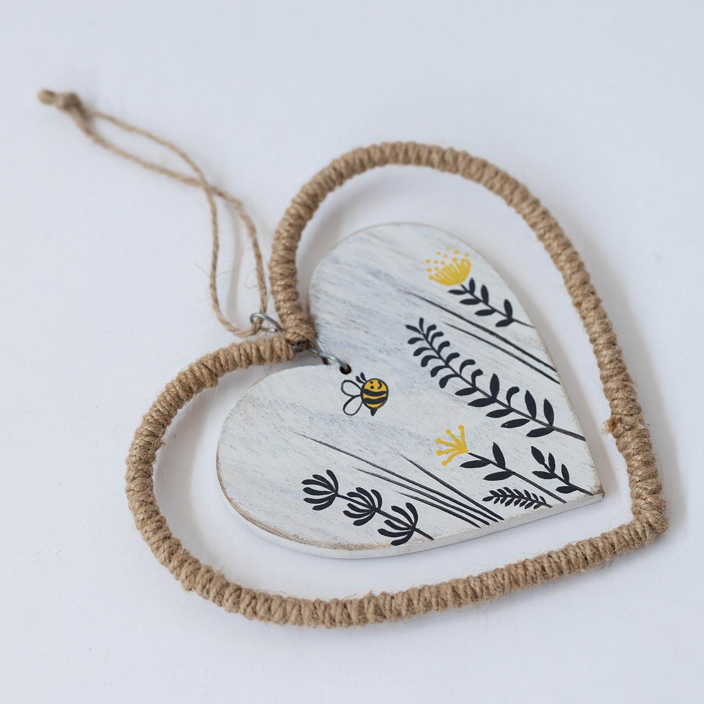 Wooden Heart With Floral Pattern In A Jute Frame Hanging Decoration
