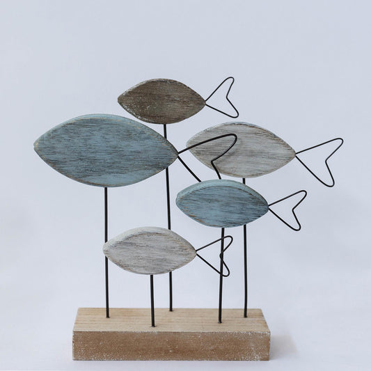 5 Wooden Fishwith Metal Tails On A Wooden Base Figurine
