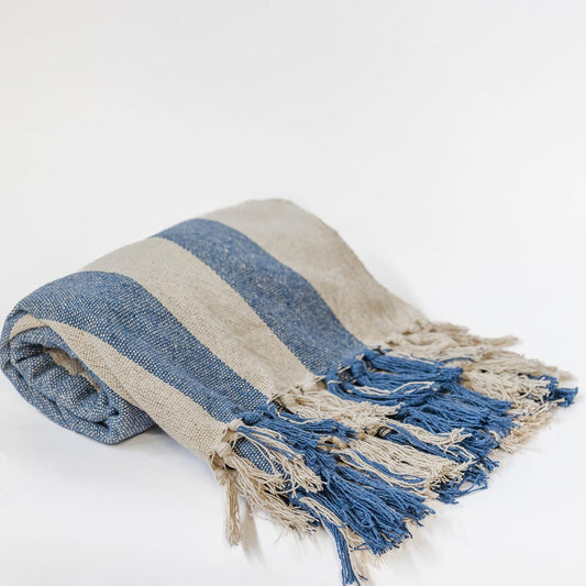 Beige And Blue Striped Cotton Throw