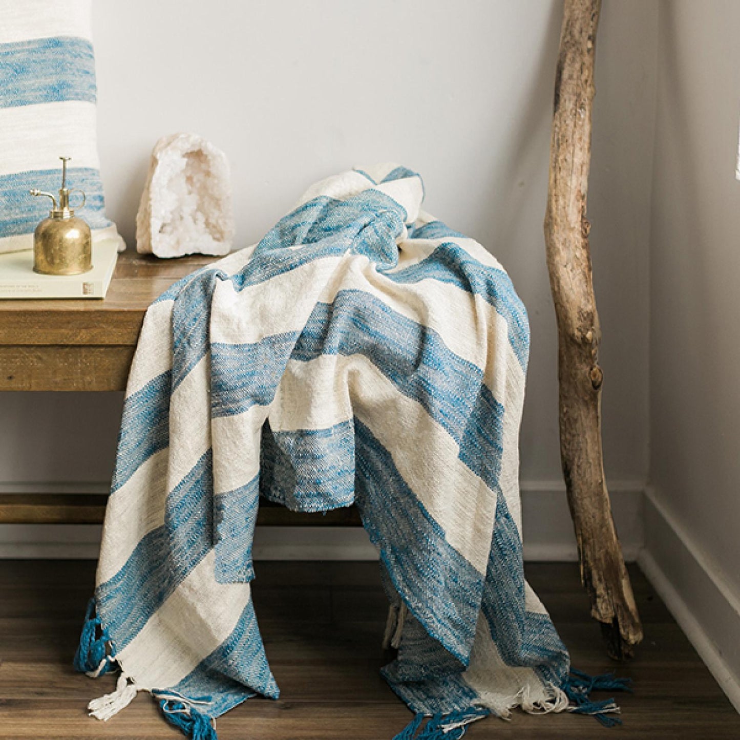 Beige And Blue Striped Cotton Throw