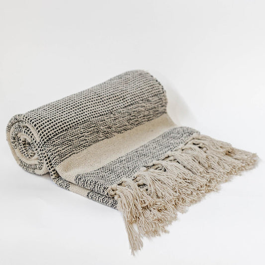 Beige And Black Striped Cotton With Tassels Throw