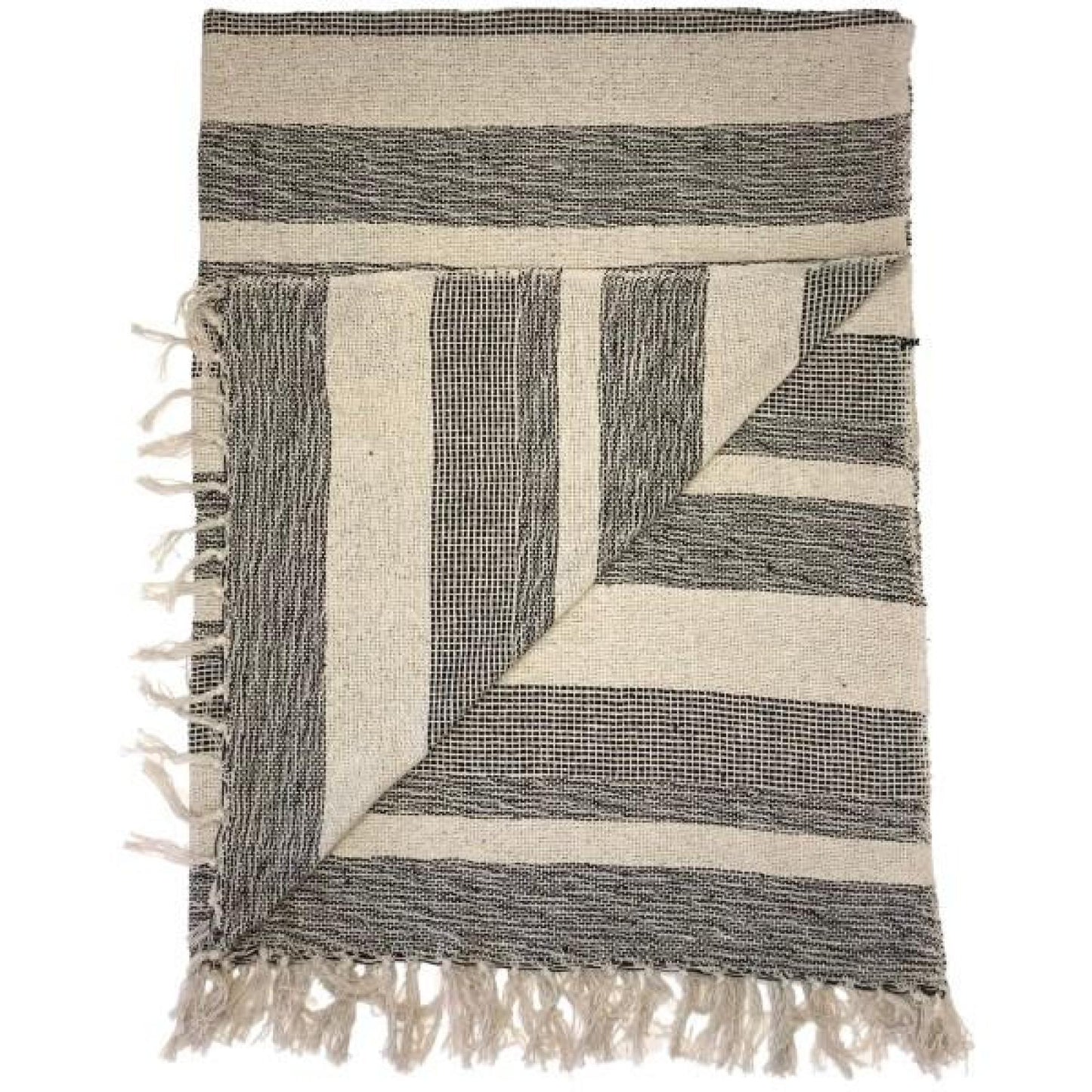 Beige And Black Striped Cotton With Tassels Throw