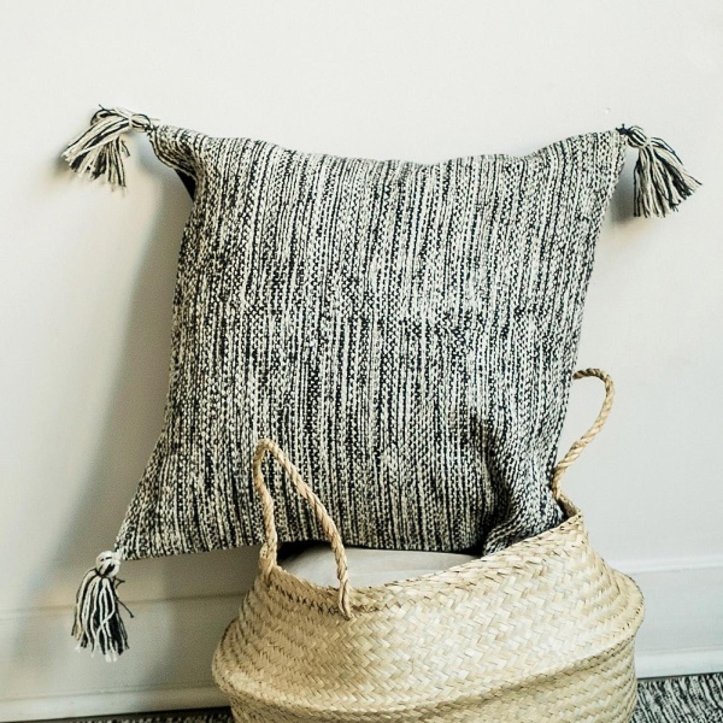 Woven Beige And Black Pattern With Tassels Cushion Cover