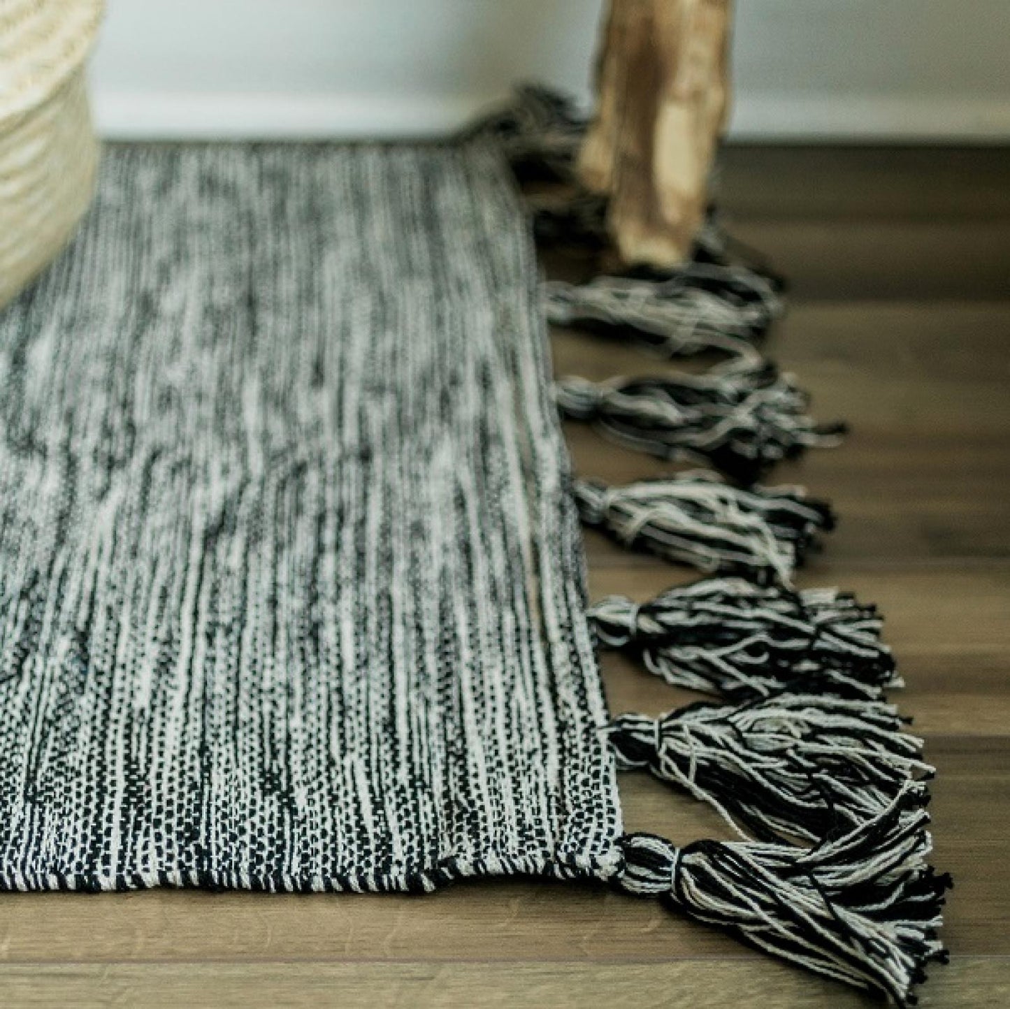 Woven Beige And Black Pattern With Tassels Rug