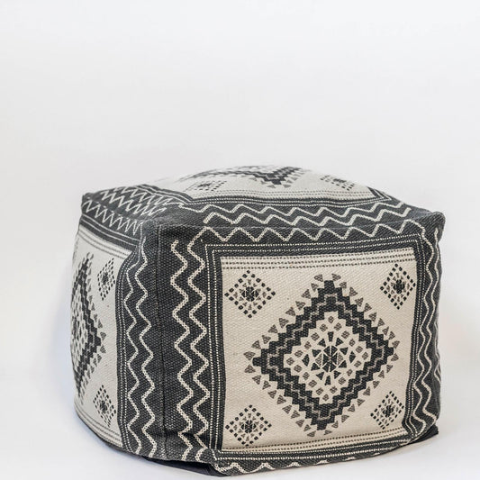 Black, Ivory And Gray Patterned Pouf Stool