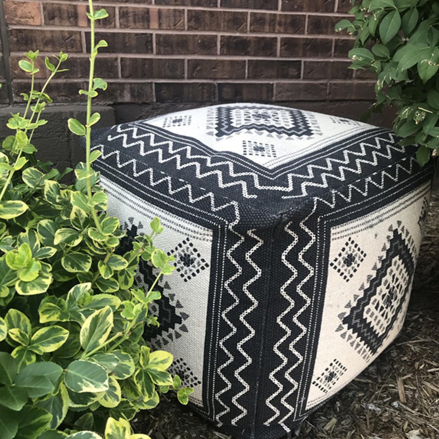 Black, Ivory And Gray Patterned Pouf Stool