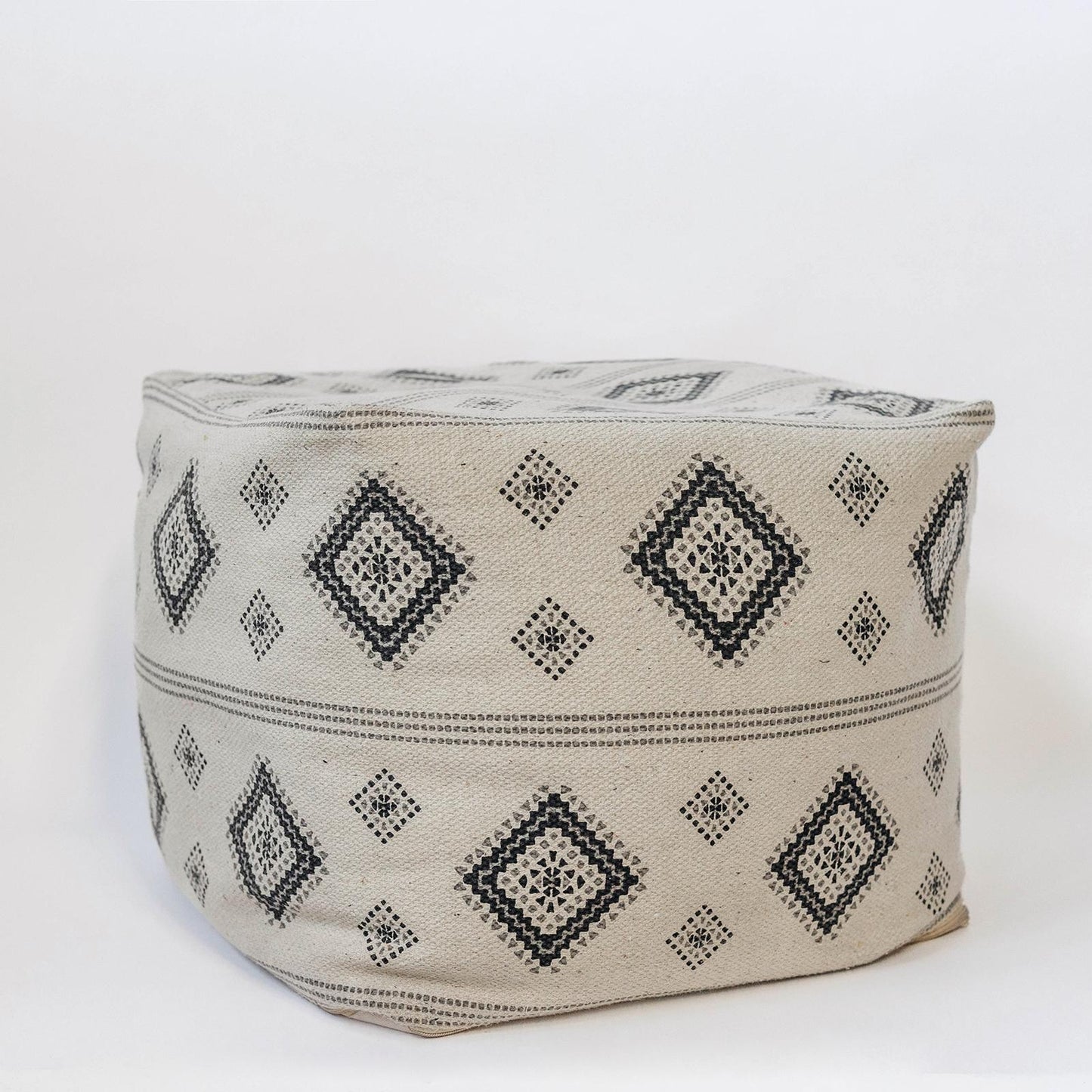 Ivory With Black And Grays Geometric Pattern Pouf Stool