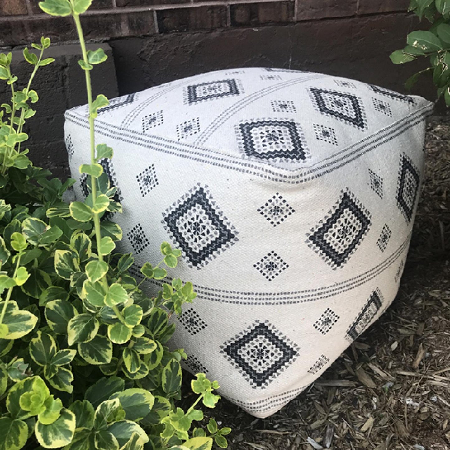 Ivory With Black And Grays Geometric Pattern Pouf Stool