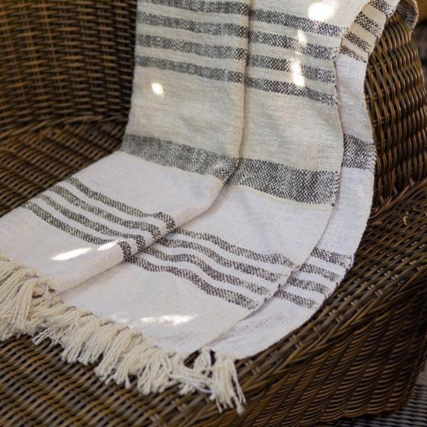 Ivory And Dark Gray Striped Cotton With Tassels Throw