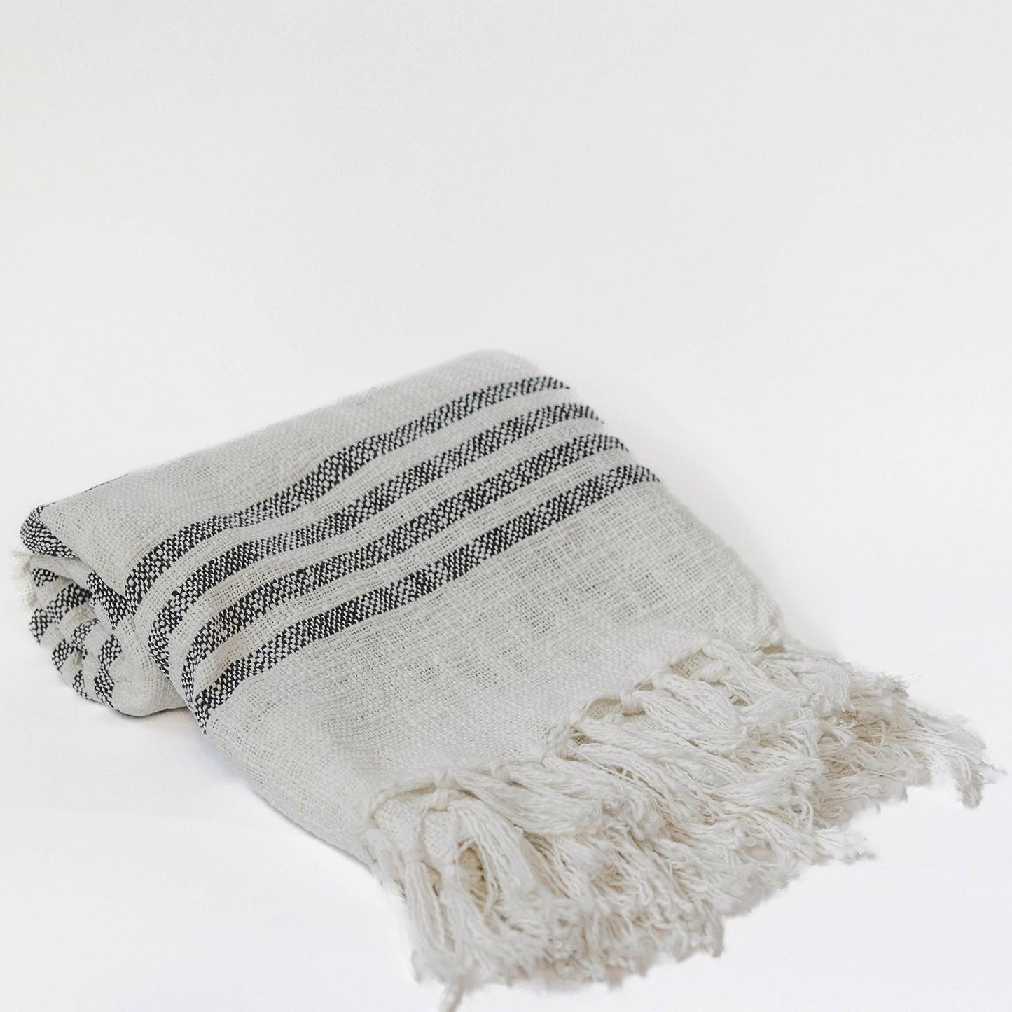 Ivory And Dark Gray Striped Cotton With Tassels Throw