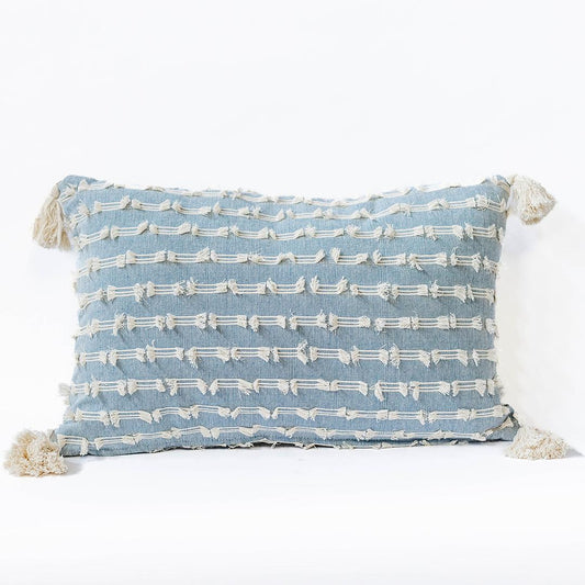 Blue And Ivory Textured With Tassels Rectangular Cushion Cover